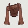 thumbnail image 3 of Women's Plus Size 2 in 1 Off Shoulder T Shirt Ruched Sheer Bell Long Sleeve Tee, Casual Slim Fit Going Out Y2k Shirts Blouses(Brown,L), 3 of 7