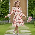 thumbnail image 3 of FKELYI Girls Ruffle Sleeve Dress Ladybug Strawberry Flower Print A Line Twirly Dress for Kids Midi Soft Fall Dresses Patchwork Playwear Sundress, 3-4 Y, 3 of 6