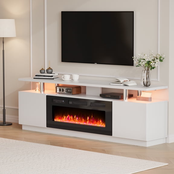 70" Fireplace TV Stand with 36" Fireplace, 750W/1500W Modern Electric Fireplace TV Stand Entertainment Center with 2 Storage Cabinets, 12 Colors LED Lights, for Max 80 Inch TV