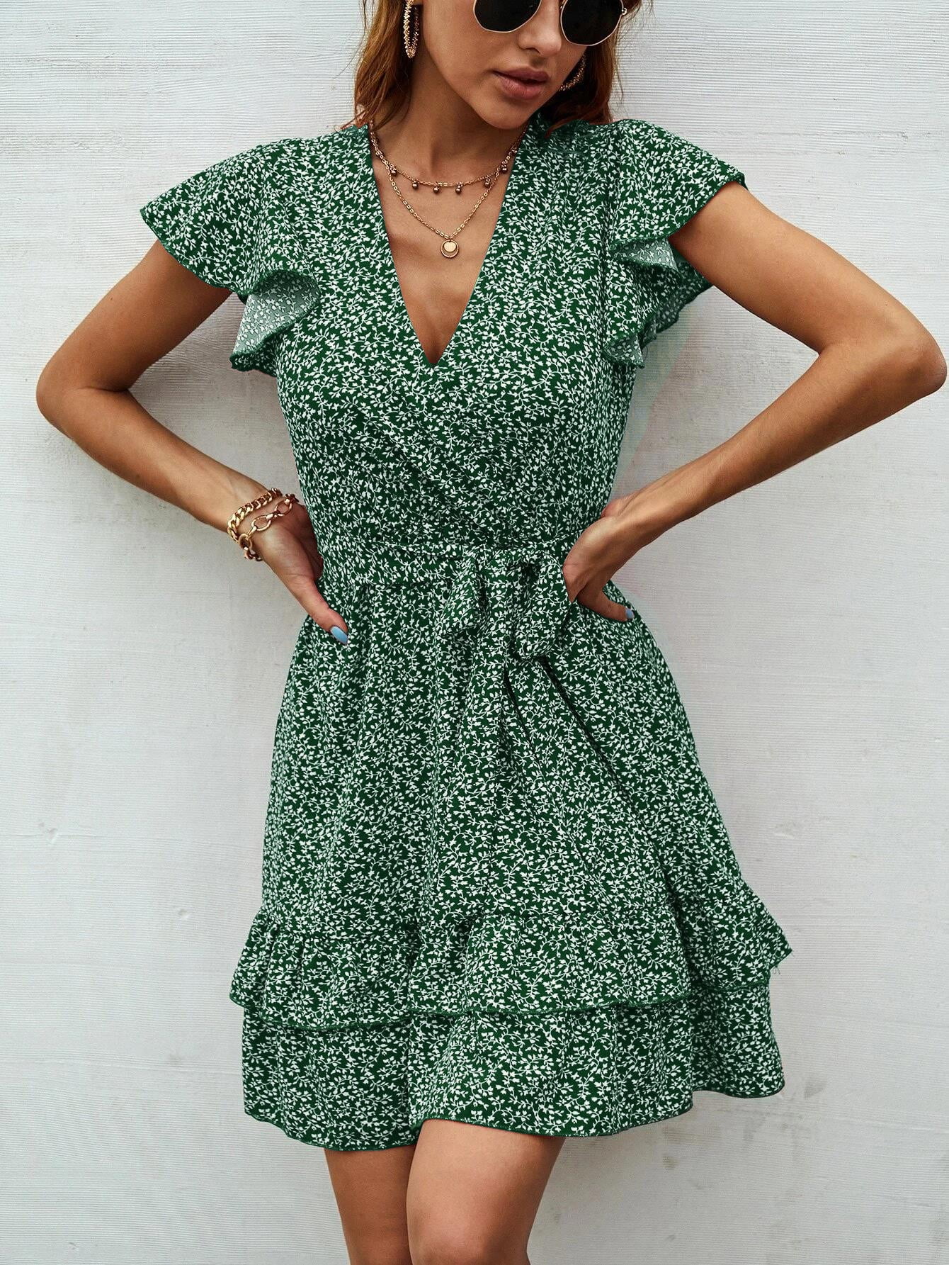 Women's Ditsy Floral Layered Hem Belted 