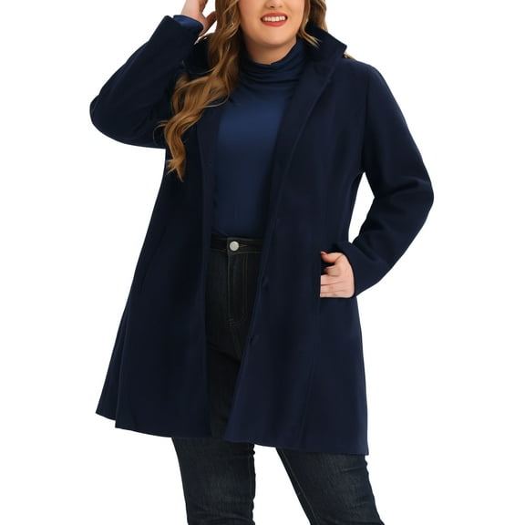 MODA NOVA Juniors Plus Size Winter Single Breasted Detachable Hooded Overcoat Navy Blue 1X