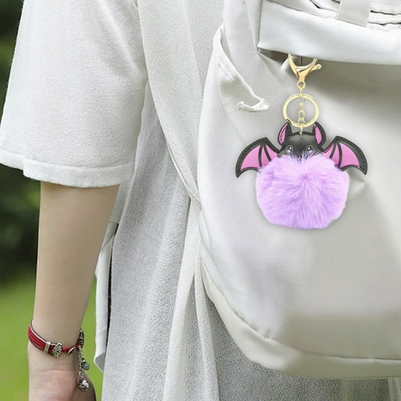 Konghyp Halloween Bats Keychain Accessories, Cute Pom Fuzzy Keychain for Handbag, Backpack, Purse, Plush Keychain Gifts for Women, Fun Halloween Decoration Keyring