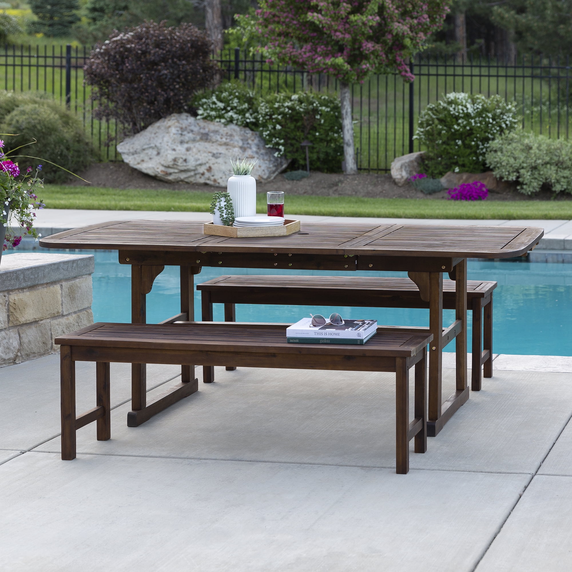 Walker Edison Wooden Picnic Table with Umbrella Hole, Dark Brown
