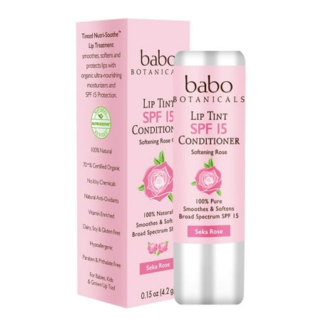 Babo Botanicals SPF 15 Lip Tint Conditioner, Seka Rose, 0.15 Oz