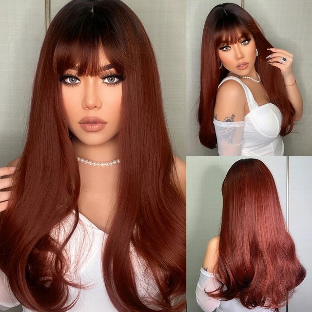 Pelucas sintéticas de onda larga con flequillo para mujer, Peluca de cabello Natural, ombré, Rubio, negro, fiesta diaria, Cosplay, fibra resistente al calor
