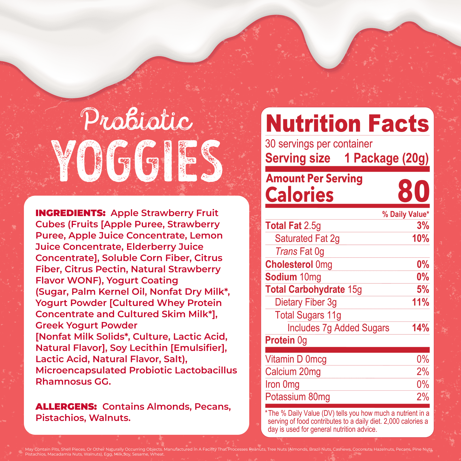 Nature’s Garden Probiotic Yoggies Strawberry, 21oz (0.7oz x 30) - Pack of 4  – Yogurt-Covered Real Fruit Bites – Gluten-Free, Non-GMO, High-Fiber Snacks for Adults & Kids