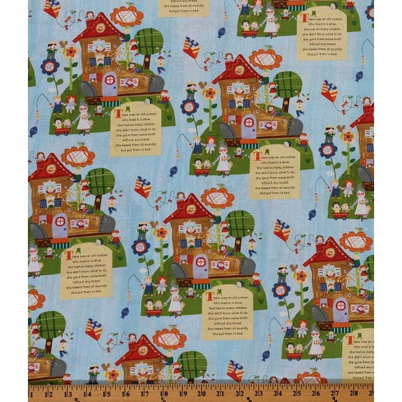 Cotton Mother Goose Tales Old Woman Lived in a Shoe Cotton Fabric Print by the Yard 39952