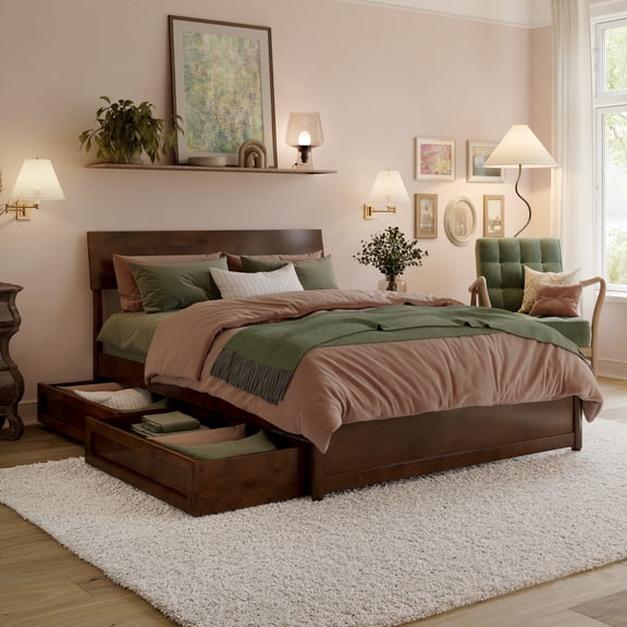 Norla Full Wood Platform Bed with Footboard and Drawers in Walnut