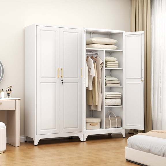 Polup 71" H White Metal Wardrobe Closet with Lock,Modern Armoires and Hanging Rod for Bedroom