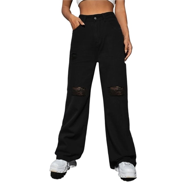 Pantalones vaqueros rectos de pierna ancha for mujer, elásticos, de talle alto, rasgados, holgados, pantalones vaqueros sueltos Y2K Boyfriend desgastados