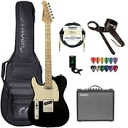 Sawtooth Left-Handed ET Series Electric Guitar Travel Bundle with Portable 10-Watt Amp, ChromaCast Pro Series Bag, Cable, Tuner & Picks; Black w/ Aged White Pickguard