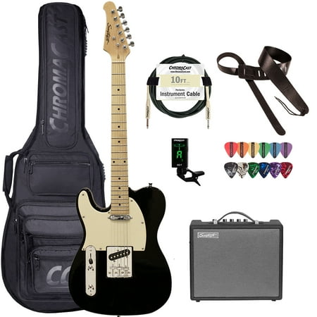 Sawtooth Left-Handed ET Series Electric Guitar Travel Bundle with Portable 10-Watt Amp, ChromaCast Pro Series Bag, Cable, Tuner & Picks; Black w/ Aged White Pickguard