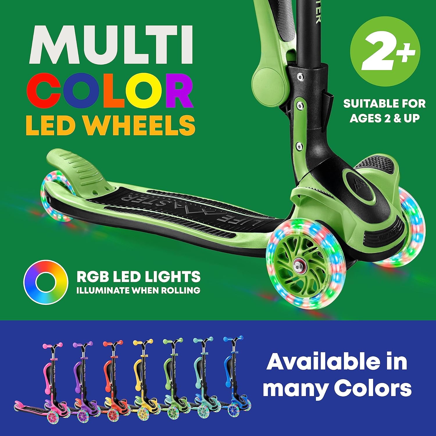 Kids Scooter – Foldable Seat – LED Wheel Lights Illuminate When Rolling – Children and Toddler 3 Wheel Kick Scooter – Adjustable Handlebar – Indoor and Outdoor- Green - by Lifemaster