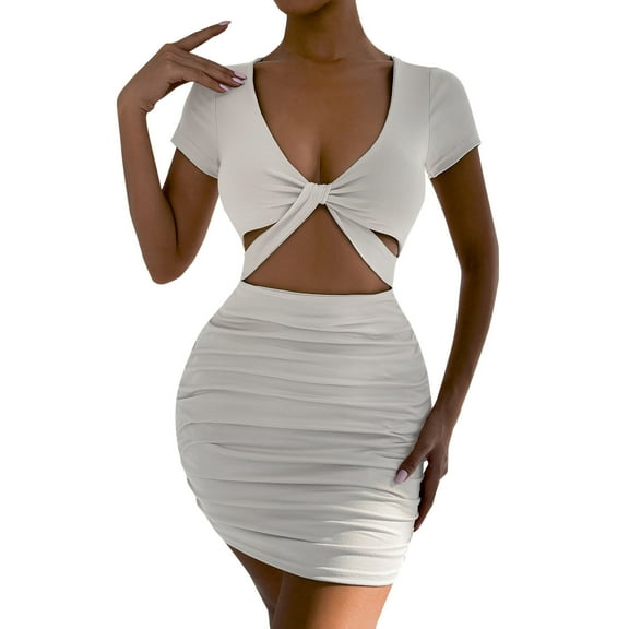 Sngxgn Women's Neck Sleeveless Ruched Bodycon Wrap Party Midi Dress(White,XL)