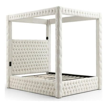 Maklaine Modern 70.5 x89 Velvet Upholstered Queen Canopy Bed in Cream
