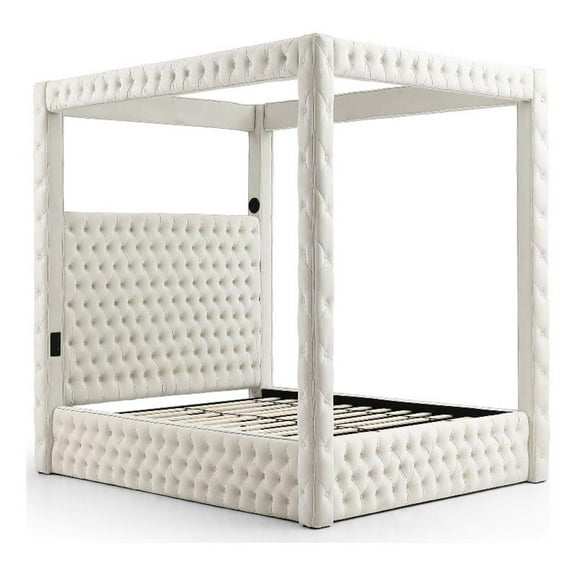 Maklaine Modern 70.5 x89 Velvet Upholstered Queen Canopy Bed in Cream