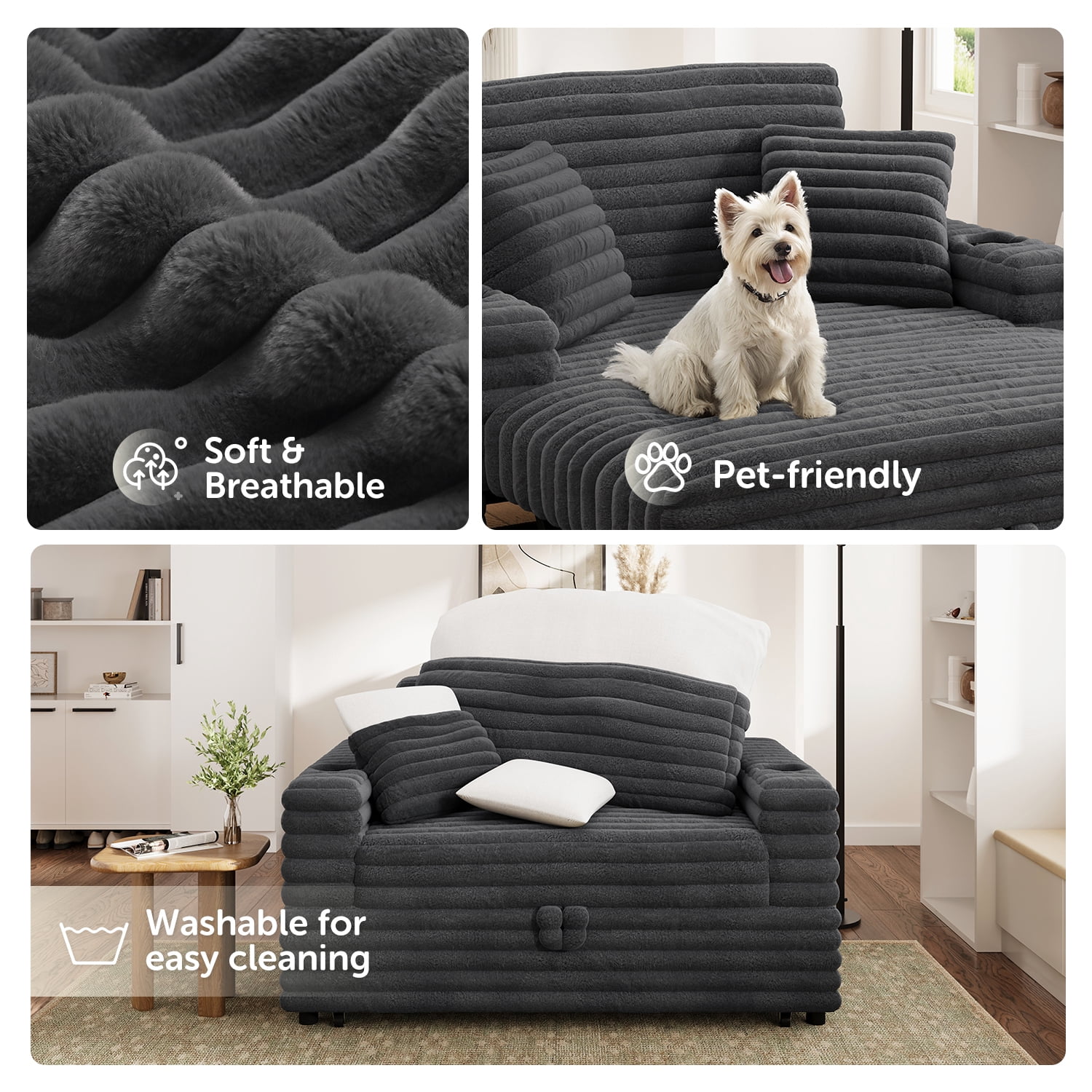 Marrber Gray Plush Sofa 52” 3-in-1 Convertible Pull-Out Sofa Bed Sleeper Loveseat with Reclining Backrest, Built-in Cup Holders, Corduroy Upholstered Sofa for Small Space