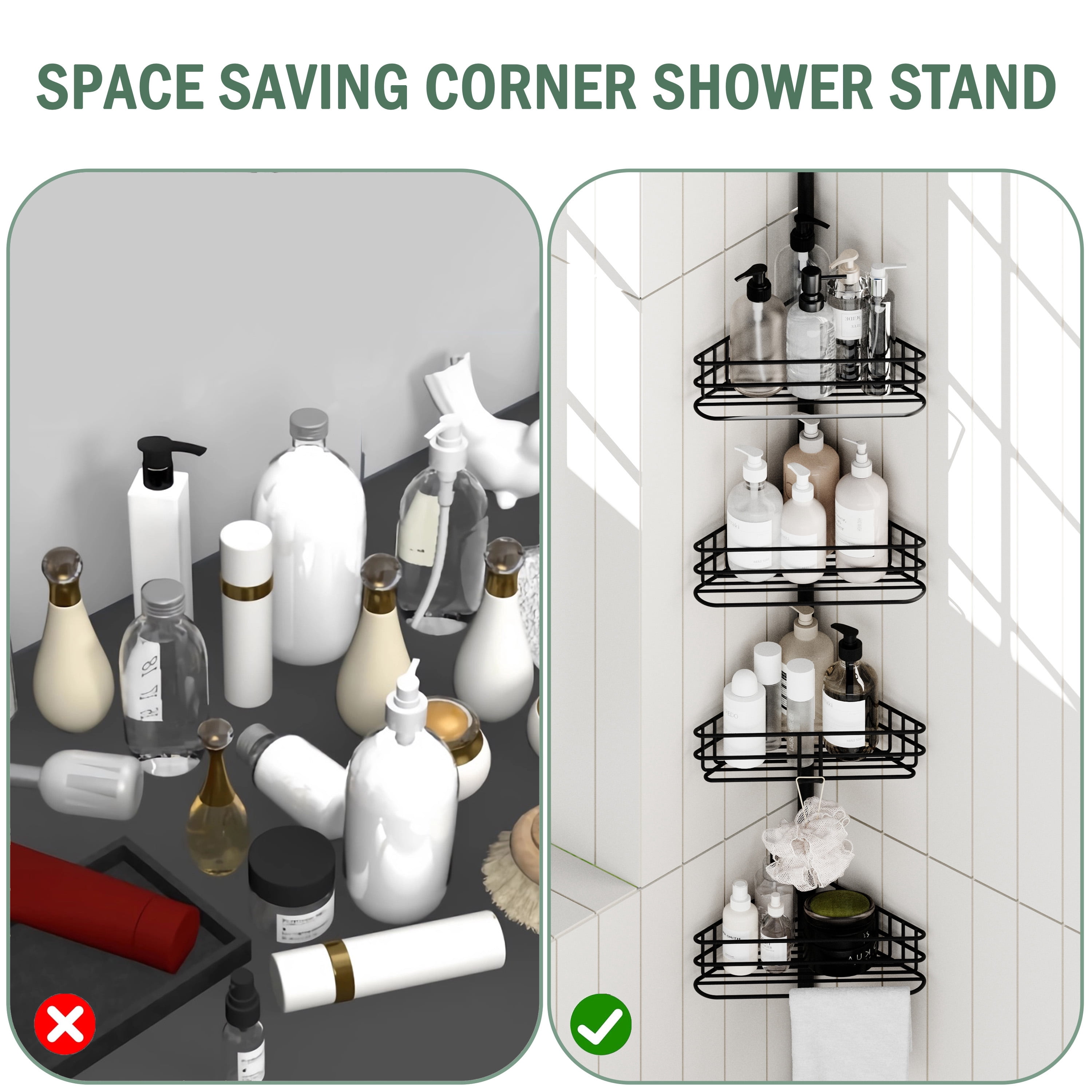 GARITIN Shower Caddy, Bathroom Shower Shelf Organizer, Corner Shower Racks for Inside, 4-Tier Adjustable Shelves with Tension Pole Bath Caddy Storage, Black