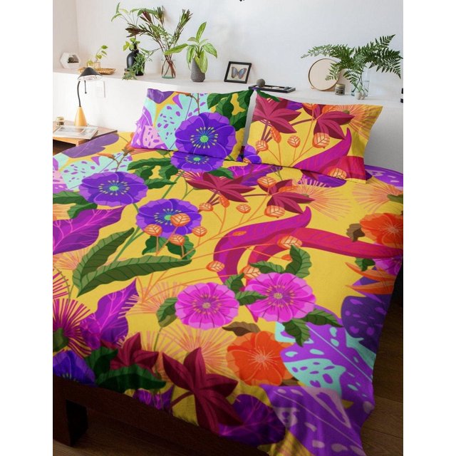 Tropical Amarillo Funda Nórdica Colorido Diseño Floral | Juego de Cama con Almohada