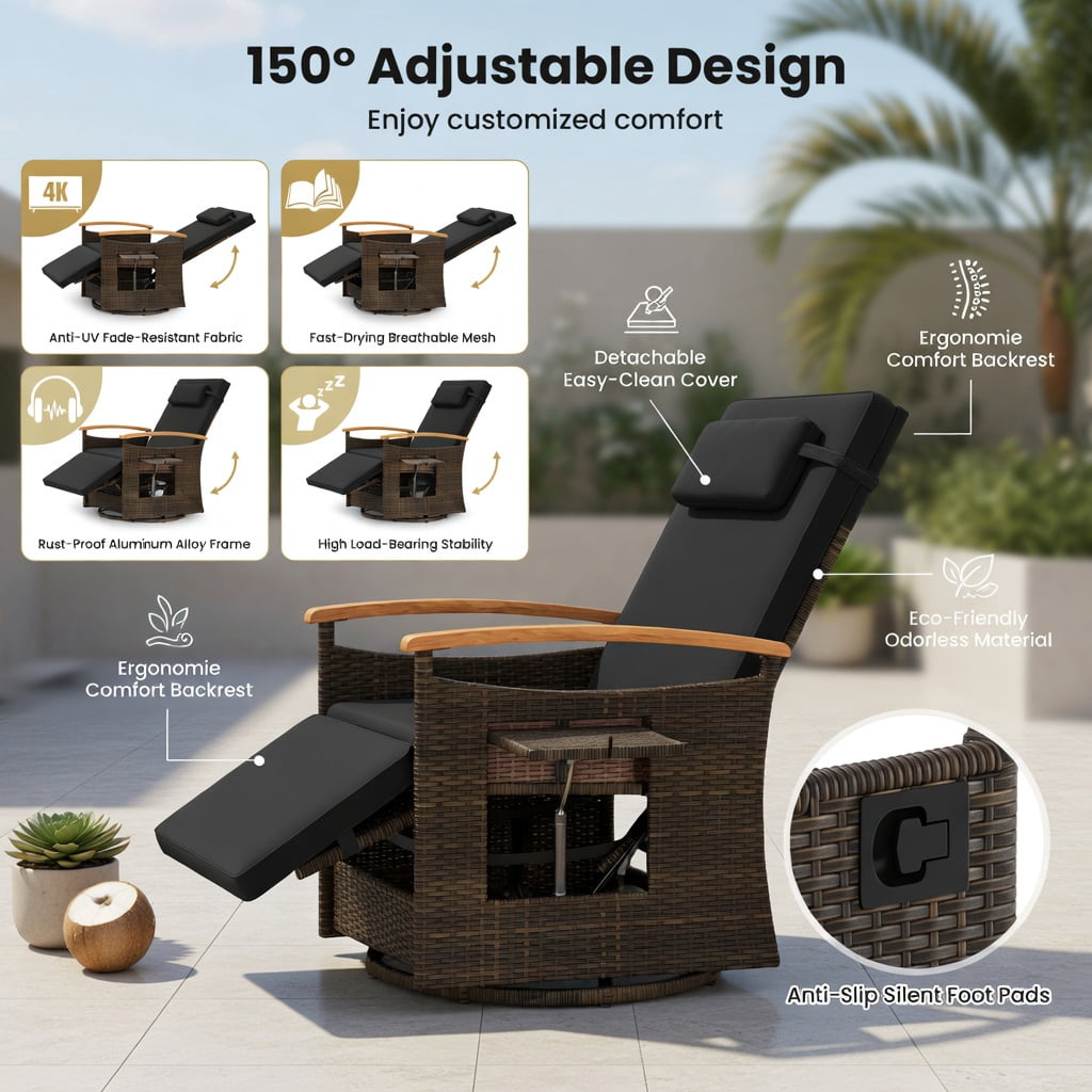 Hommoo 360° Swivel Outdoor Recliner Chair with Adjustable Backrest & Footrest, PE Rattan Patio Seating for Backyard, Porch, Poolside, Black