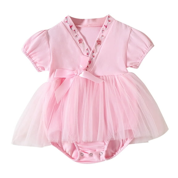 Otqutp Baby Girls Cute Solid Color Romper Robe Cotton Japanese Pajamas Short Sleeve Romper Tulle Tutu Dress Summer Clothes(Pink-a,12-18 Months)