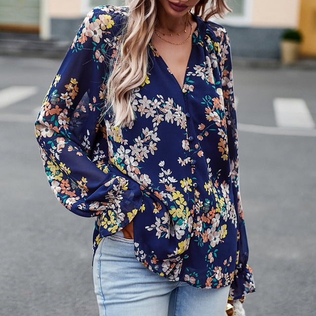 Camisa Blusas con estampado floral Tops Elegante traje de vacaciones de gasa para mujer (Azul marino XL) Cgtredaw Azul marino T XL para Mujer