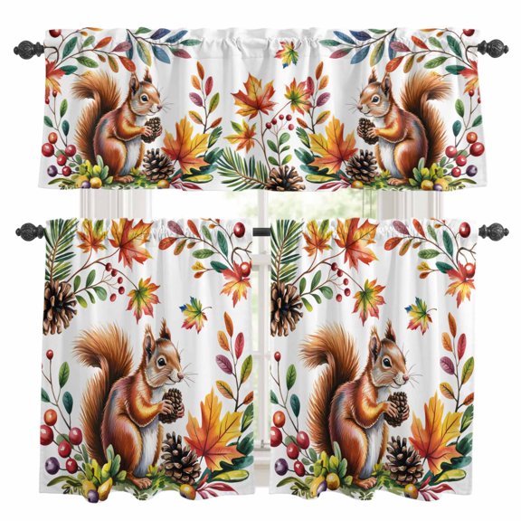 Colorful Squirrel Kitchen Curtains Sets for Windows 36 Inch Length, Botanical Berry Pine Cones Rod Pocket Window Treatments Tier Curtains and Valances Set for Bedroom/Bathroom