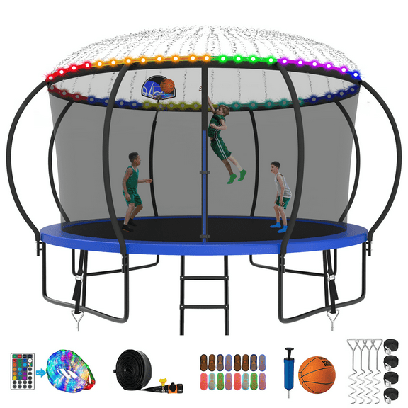 Kumix 10FT Trampoline with Enclosure, Basketball Hoop, Ladder, Wind Stakes, Outdoor Heavy Duty Galvanized Full Spray Round Trampoline for Adults and Kids, Black