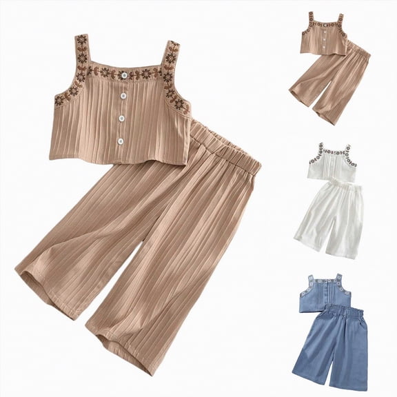 vigerkar Toddler Girl Outfits Ruffled Camisole and Elastic Pants Set 3-7 T (Khaki, 5-6 Years)