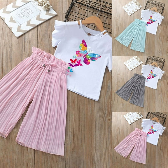 Toddler Girls Summer Sunflower Outfit Set - Chiffon Ruched T-Shirt Top & Loose Casual Pants, Soft Breathable 2-Piece Clothing for Kids