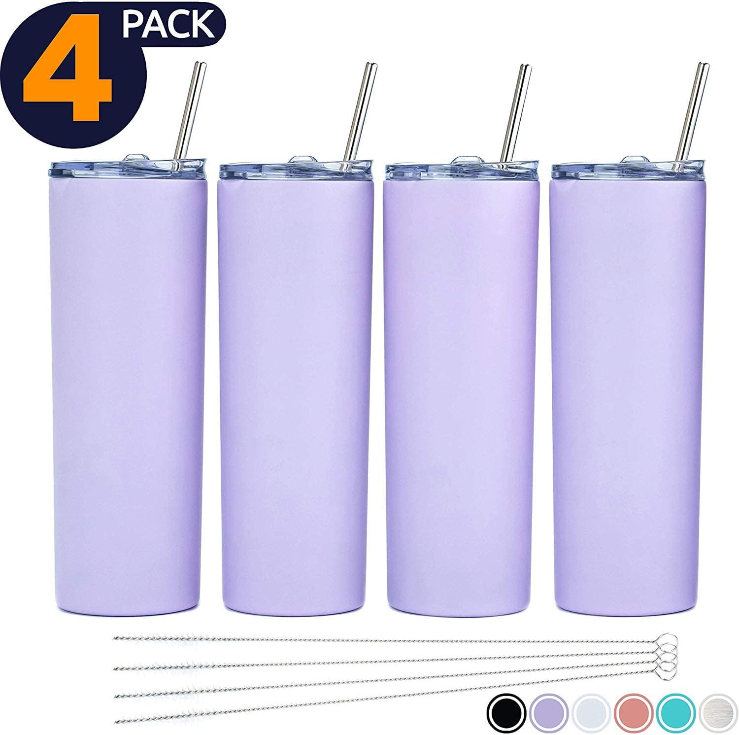 Zonegrace 4 Pack Skinny Tumbler Multi color,20 oz Stainless Steel Double-Insulated Water Tumbler Cup set of 4 With Lid and Straw assorted color,Vacuum Travel Mug Gift for Men and Women