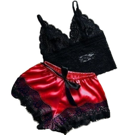 

PWFE Women Sexy Bodysuit Lace Lingerie Sets Underwear 2Pcs V-Neck Vest Bra + Shorts Babydoll Sleepwear Pajamas