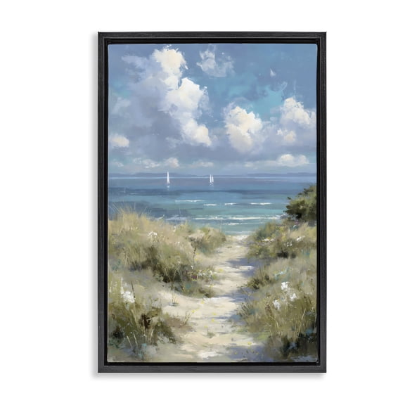 Stupell Industries Impressionist Clouds over Beach Path Black Framed Floater Canvas Wall Art, design by Petal Prints Design