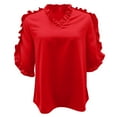 thumbnail image 5 of Ediodpoh Name Women's Summer Solid Color Short Sleeve Ruffle Collar V Neck Blouse Women's Tops Red S, 5 of 7