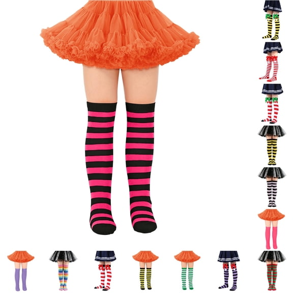 CUZIBR Fall Striped Kids Thigh High Socks Decorated With Red Bows Color Block Knee High Socks Back To School Soft Breathable Casual Wear,One Size