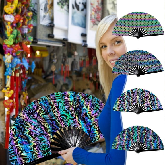 Boots on the Ground Fan Clearance, Large Holographic Folding Handheld Fans for Line Dancing Snap, Portable Art Holding Lasers Colors Fan for Festival, Dance, Party, Wedding (04-B)