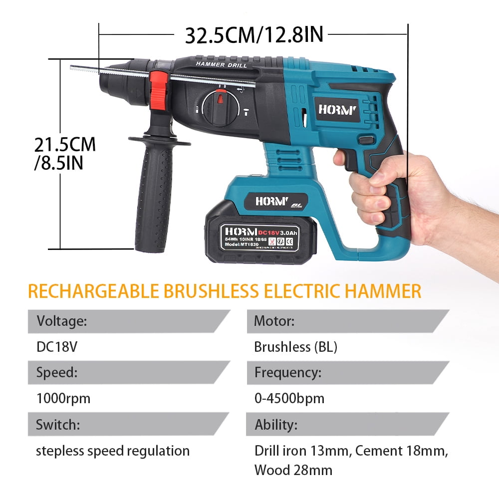 HORMY SDS-Plus Rotary Hammer Drill, 4 Functions Brushless Hammer Drill with Two 3.0A Batteries and 1 Fast Charger for Concrete Rock Floor Tile Removal