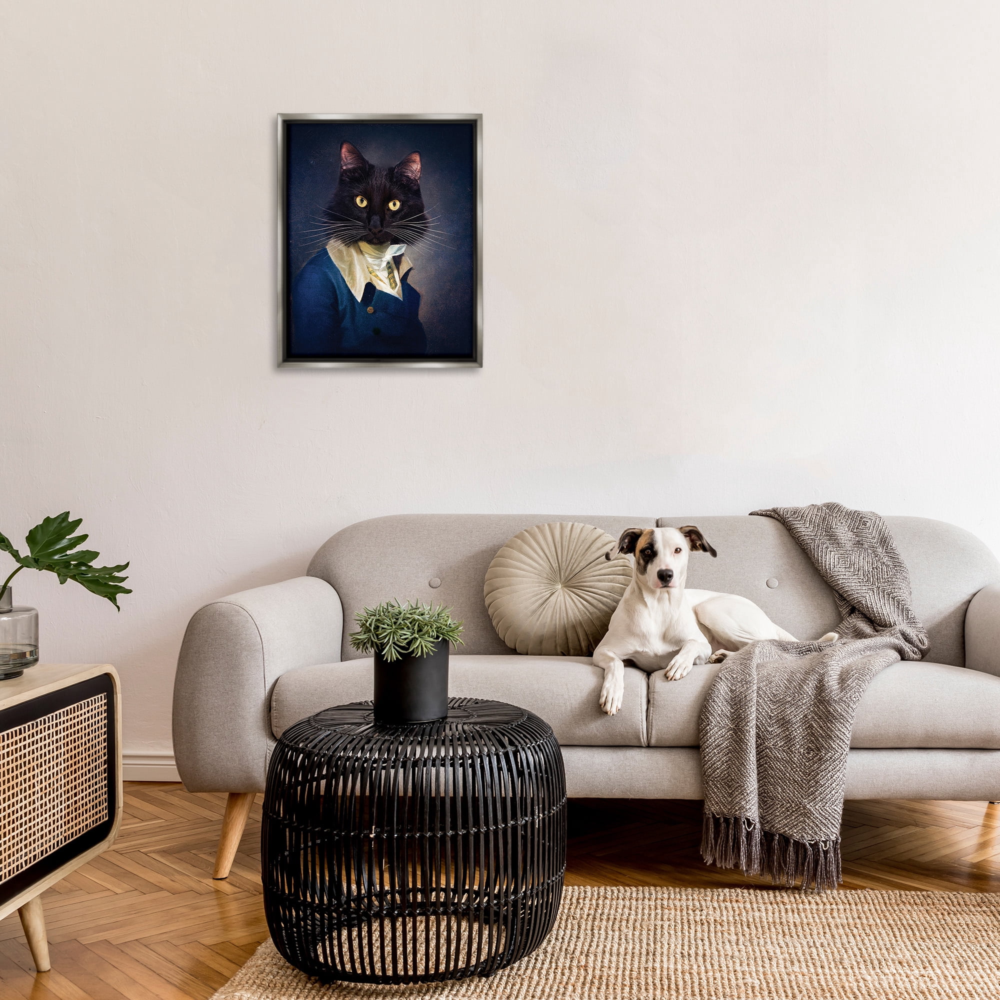 Stupell Industries Cat with Colonial Fashion Animals & Insects Painting Gray Floater Framed Canvas Art Print Wall Art, 25 x 31