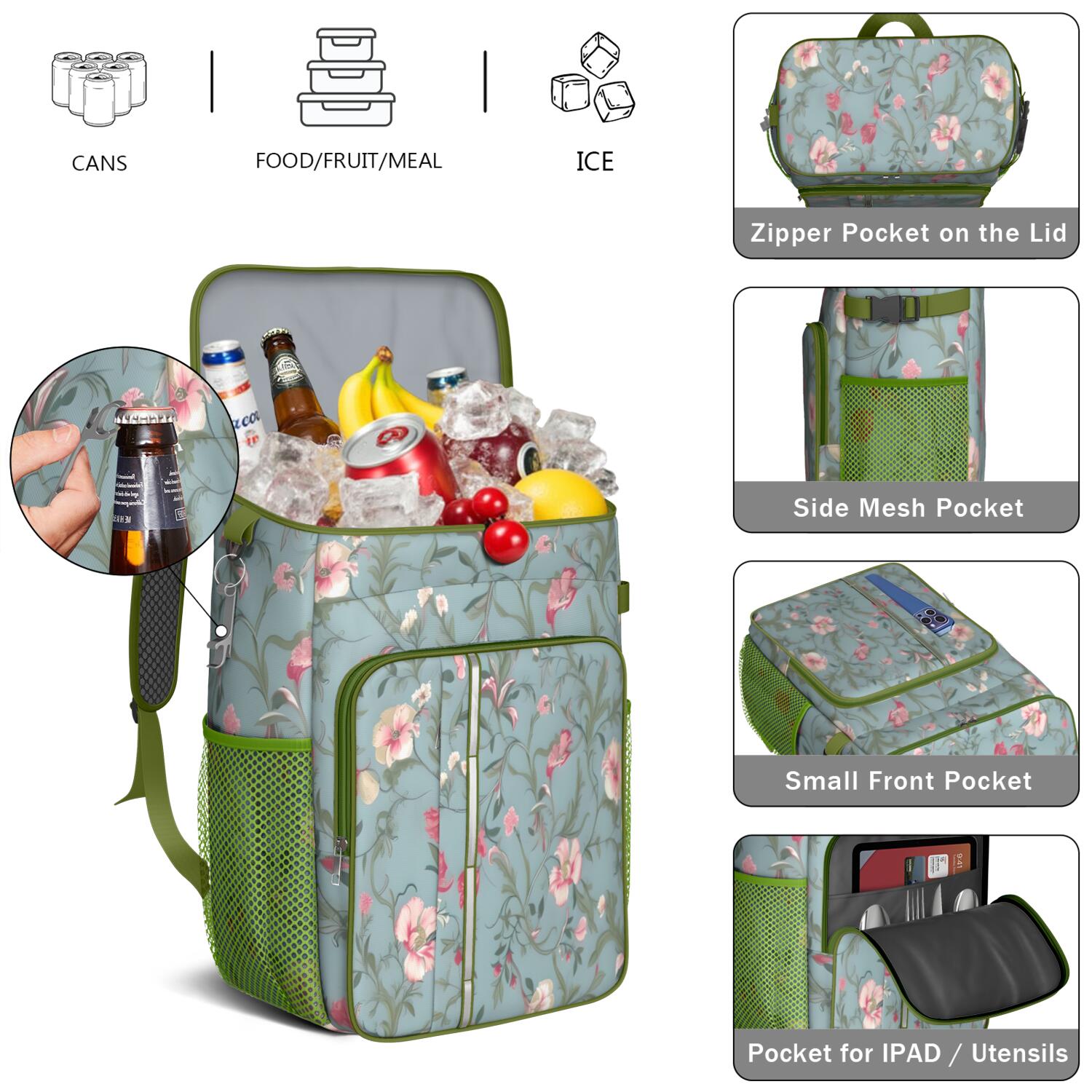 Travel Cooler Bag - Pioneer Flower Floral Print Pattern Camping Beer Cooler Backpack with Bottle Opener- Waterproof Insulated Picnic Backpacks - Cooler Bag for Beach