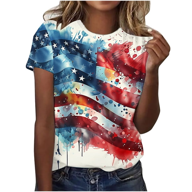 Tops de Ajuste Suelto para las Mujeres, Impresión Del Día Independiente Del Suéter Casual, Top de Manga Corta para las Mujeres