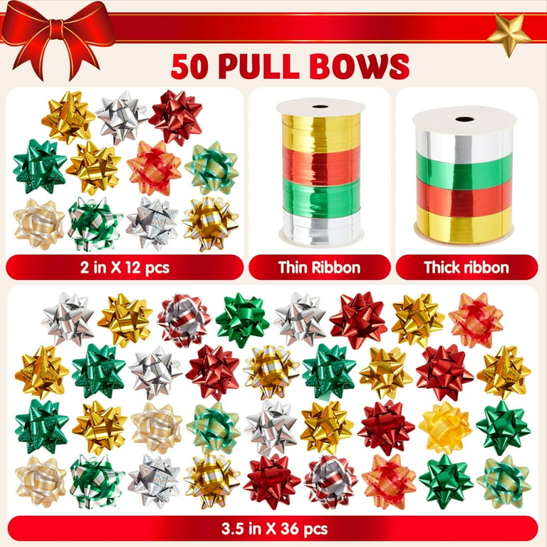 Riceshoot 48 Pcs Self-Adhesive Christmas Gift Bows & 8 Rolls Ribbon - 3 Inch Metallic Bows, Red White Black