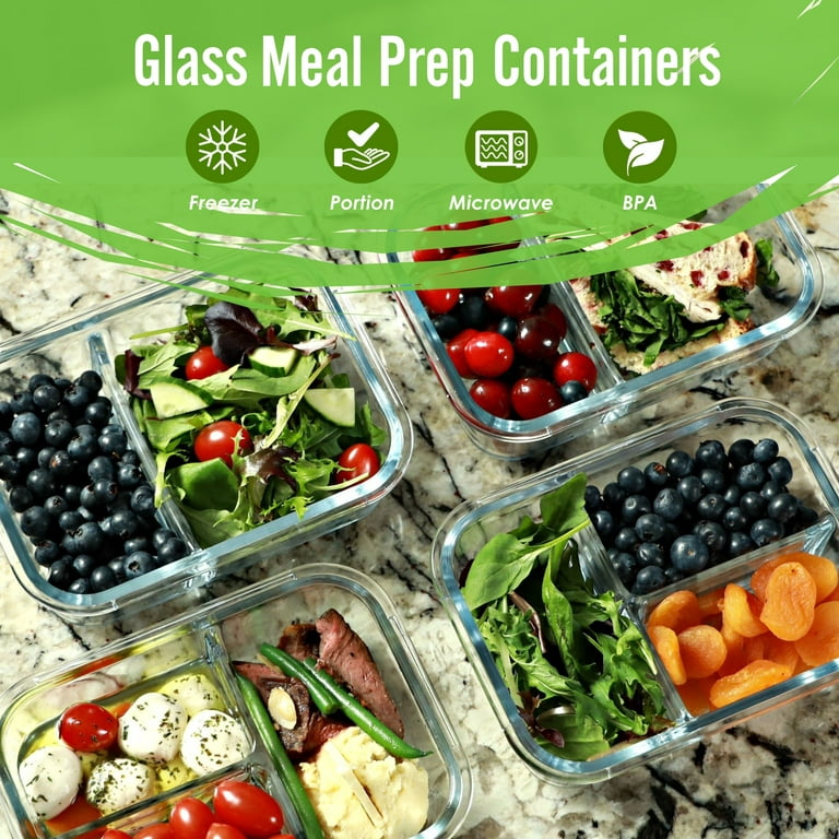 Glass Food Storage Containers 3 Compartment with Lids (5 Pack, 34oz),  Divided Glass Meal Prep Containers for Lunch at Work, Leak-Proof Portion  Control