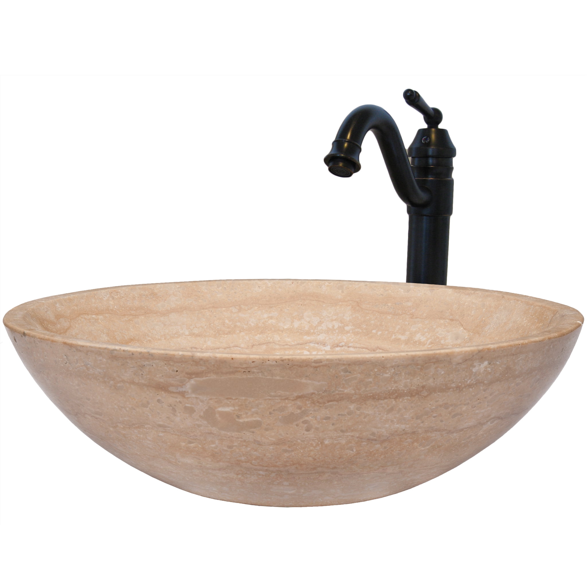 Novatto NSFC-BT359ORB Beige Travertine Stone Vessel Set w/ Faucet and Umbrella Drain, Oil Rubbed Bronze