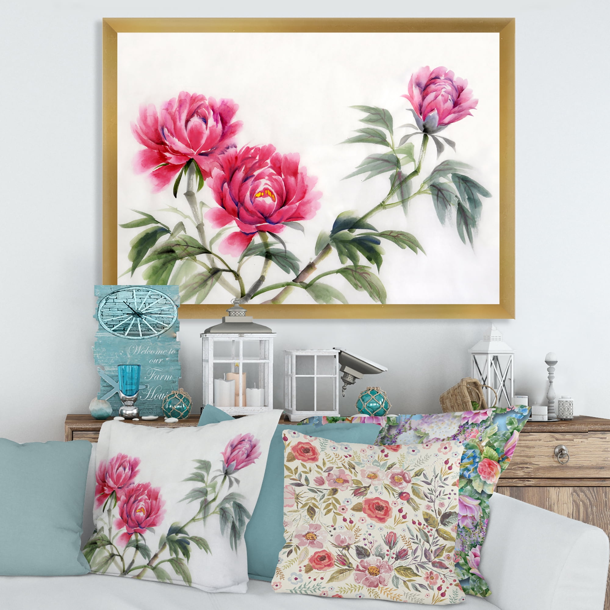 Designart 'Three Vintage Red Peonies Flowers' Traditional Framed Art Print