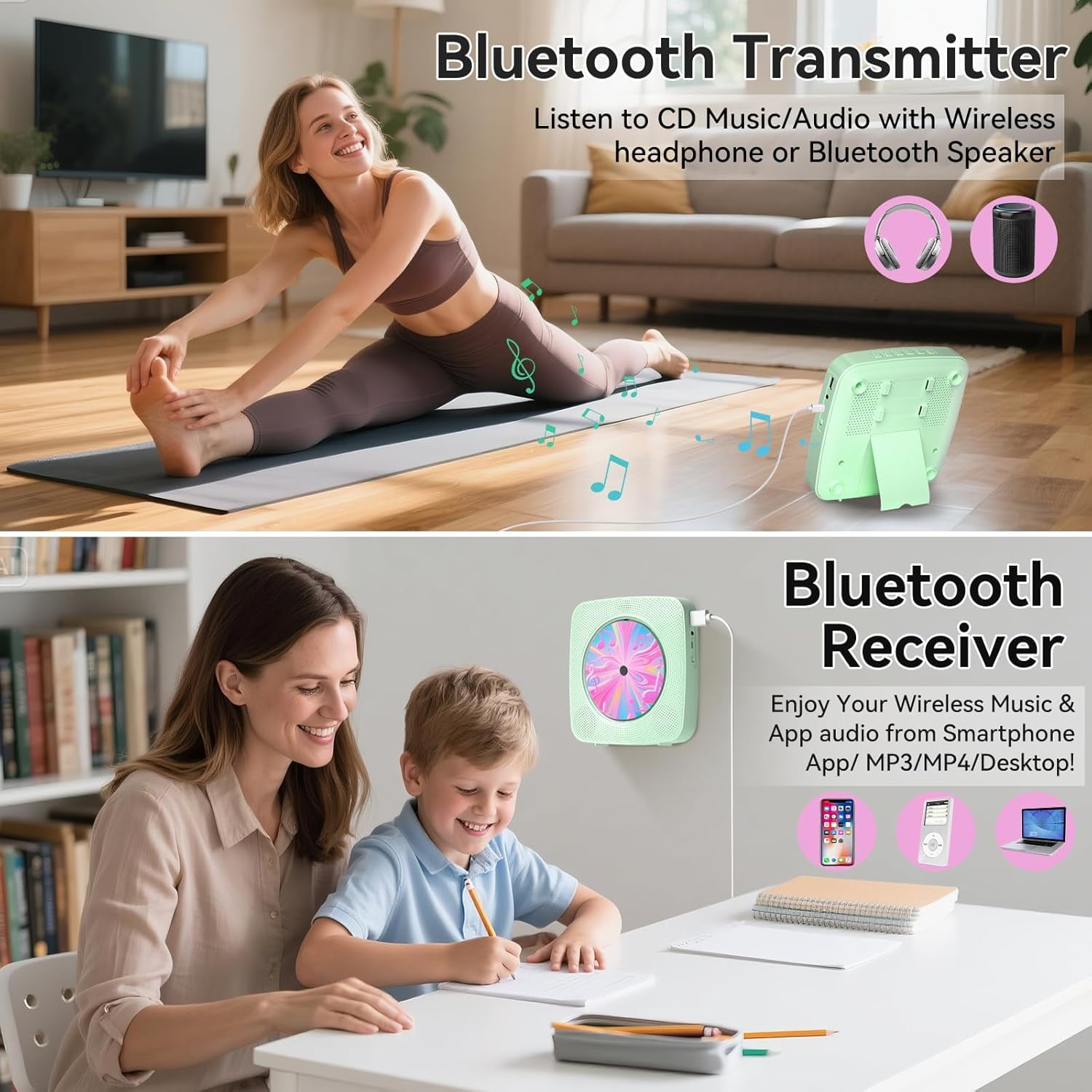 CD Player Portable Bluetooth Rechargeable: CD Players for Home with 1800mAh Kegaudio Desktop Wall CD Player with Speakers with Dust Cover LCD Screen Display FM Radio USB AUX Jack Remote Control
