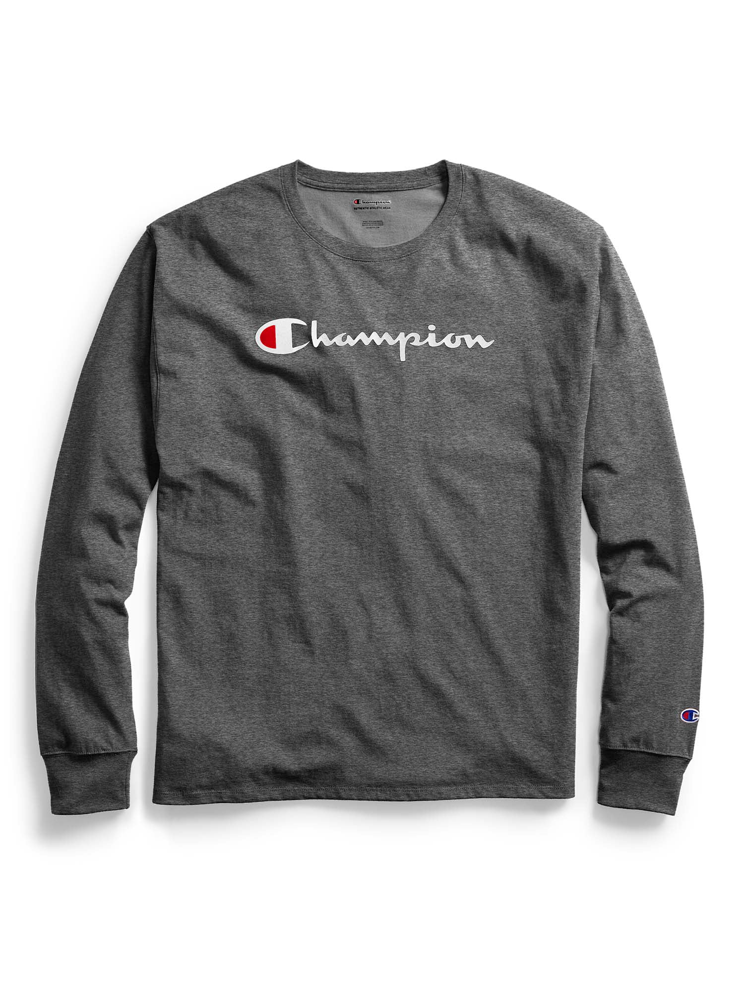 Champion Mens Big and Tall Long Sleeve T Shirt with Script Logo on Arm 