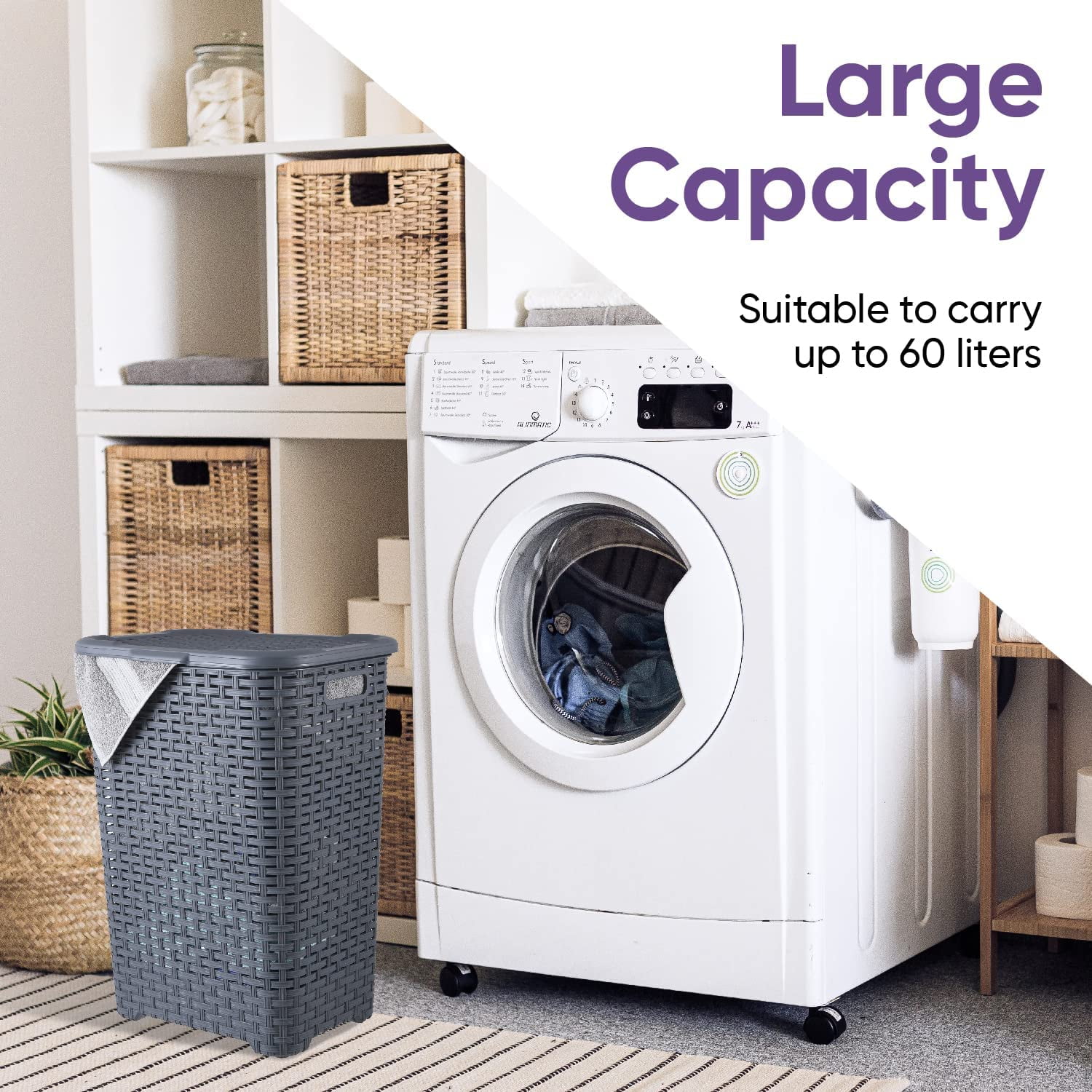 Superio 60L Large Wicker Plastic Laundry Hamper with Lid Grey 2 Pack