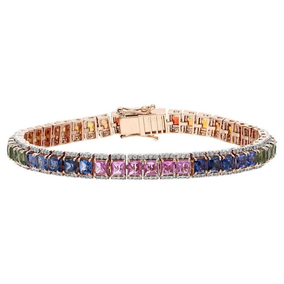 18k Lab Rainbow Square Sapphire Bracelet,Multi- Sapphire Tennis Bracelet,Natural Sapphire Round Rainbow Tennis Bracelet,Ombre Bracelet.