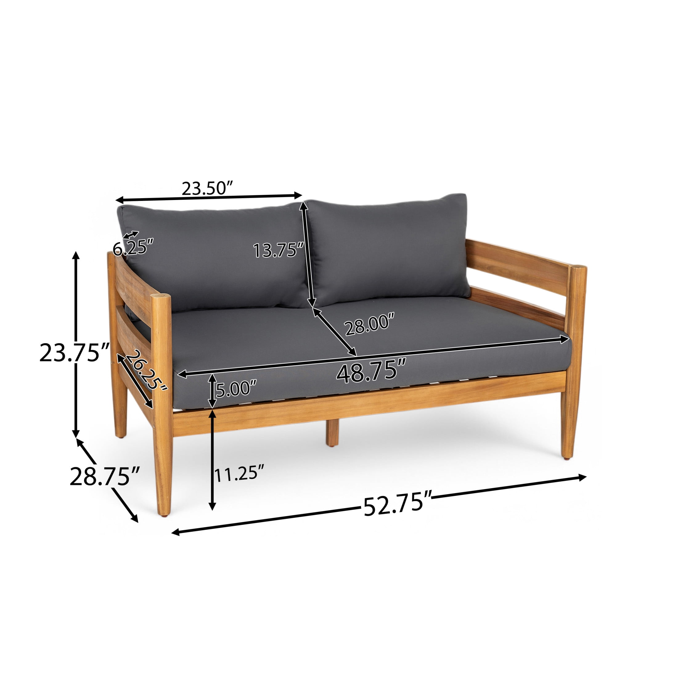 Christopher Knight Home 4-Piece Outdoor Chat Set with Slatted Loveseat, Chairs & Coffee Table, Dark Grey Cushions