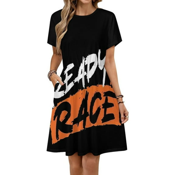 Ready To Race White And Orange Dress Fashion Beach Short Sleeve Dresses Female Party Printed Sundress